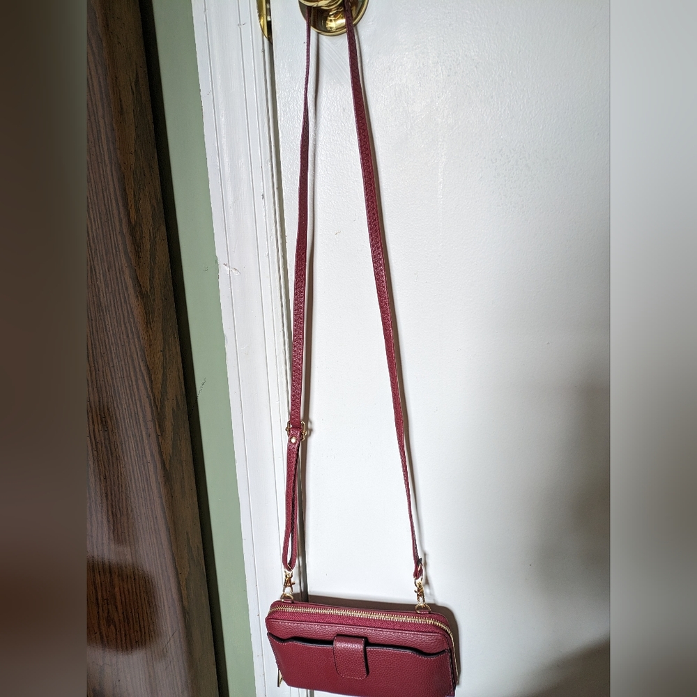 Red, leather-like, crossbody clutch/wallet